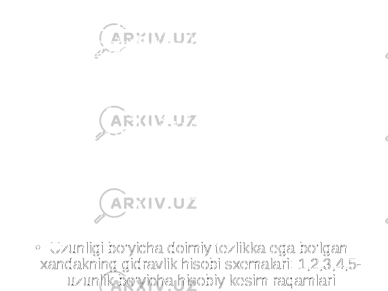 • Uzunligi bo’yicha doimiy tezlikka ega bo’lgan xandakning gidravlik hisobi sxemalari: 1,2,3,4,5- uzunlik bo’yicha hisobiy kesim raqamlari 