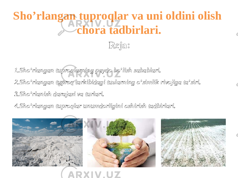 Sho’rlangan tuproqlar va uni oldini olish chora tadbirlari. Reja : 1. Sho’rlangan tuproqlarning paydo bo’lish sabablari. 2. Sho’rlangan tuproq tarkibidagi tuzlarning o’simlik rivojiga ta’siri. 3. Sho’rlanish darajasi va turlari. 4. Sho’rlangan tuproqlar unumdorligini oshirish tadbirlari. 