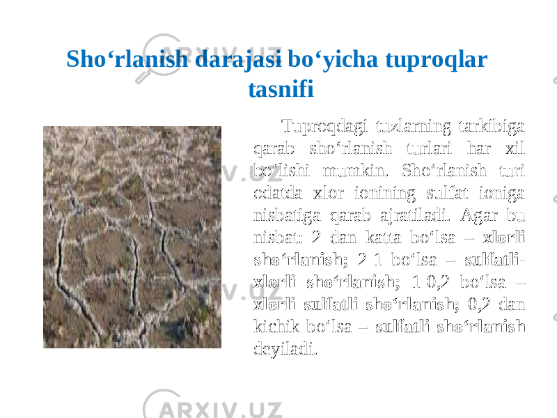 Tuproqdagi tuzlarning tarkibiga qarab sho‘rlanish turlari har xil bo‘lishi mumkin. Sho‘rlanish turi odatda xlor ionining sulfat ioniga nisbatiga qarab ajratiladi. Agar bu nisbat: 2 dan katta bo‘lsa – xlorli sho‘rlanish; 2-1 bo‘lsa – sulfatli- xlorli sho‘rlanish; 1-0,2 bo‘lsa – xlorli sulfatli sho‘rlanish; 0,2 dan kichik bo‘lsa – sulfatli sho‘rlanish deyiladi. Sho‘rlanish darajasi bo‘yicha tuproqlar tasnifi 