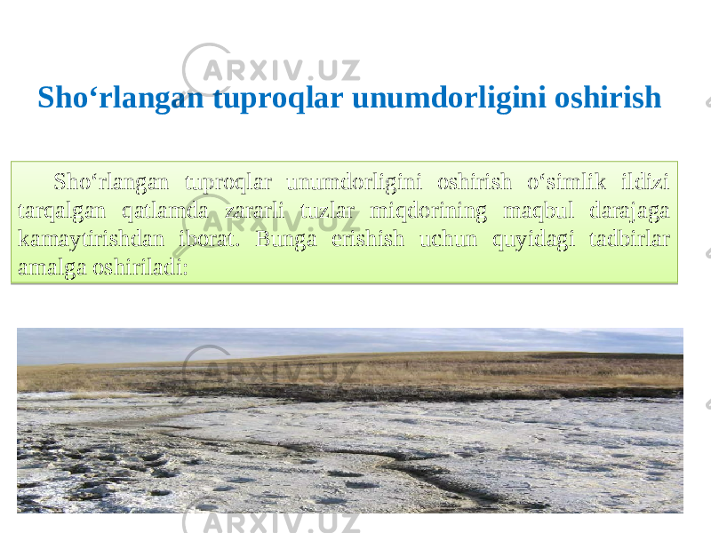 Sho‘rlangan tuproqlar unumdorligini oshirish o‘simlik ildizi tarqalgan qatlamda zararli tuzlar miqdorining maqbul darajaga kamaytirishdan iborat. Bunga erishish uchun quyidagi tadbirlar amalga oshiriladi: Sho‘rlangan tuproqlar unumdorligini oshirish 15 09 0611 11 