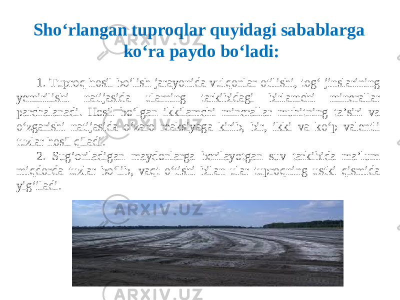 1 . Tuproq hosil bo‘lish jarayonida vulqonlar otilishi, tog‘ jinslarining yemirilishi natijasida ularning tarkibidagi birlamchi minerallar parchalanadi. Hosil bo‘lgan ikkilamchi minerallar muhitning ta’siri va o‘zgarishi natijasida o‘zaro reaksiyaga kirib, bir, ikki va ko‘p valentli tuzlar hosil qiladi. 2. Sug‘oriladigan maydonlarga berilayotgan suv tarkibida ma’lum miqdorda tuzlar bo‘lib, vaqt o‘tishi bilan ular tuproqning ustki qismida yig‘iladi. Sho‘rlangan tuproqlar quyidagi sabablarga ko‘ra paydo bo‘ladi: 