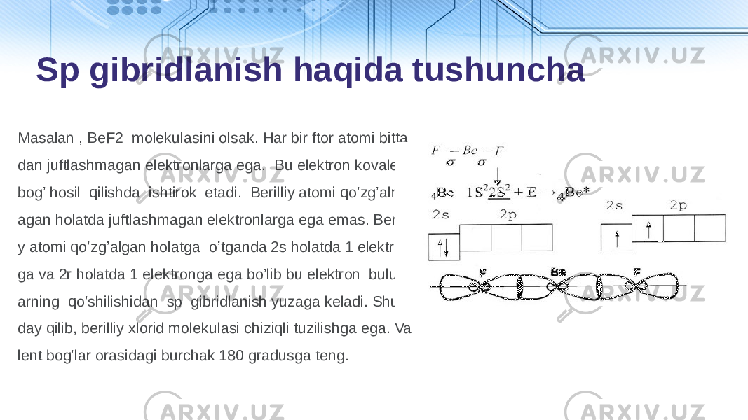 Masalan , BeF2 molekulasini olsak. Har bir ftor atomi bitta dan juftlashmagan elektronlarga ega. Bu elektron kovalent bog’ hosil qilishda ishtirok etadi. Berilliy atomi qo’zg’alm agan holatda juftlashmagan elektronlarga ega emas. Berilli y atomi qo’zg’algan holatga o’tganda 2s holatda 1 elektron ga va 2r holatda 1 elektronga ega bo’lib bu elektron bulutl arning qo’shilishidan sp gibridlanish yuzaga keladi. Shun day qilib, berilliy xlorid molekulasi chiziqli tuzilishga ega. Va lent bog’lar orasidagi burchak 180 gradusga teng. Sp gibridlanish haqida tushuncha 