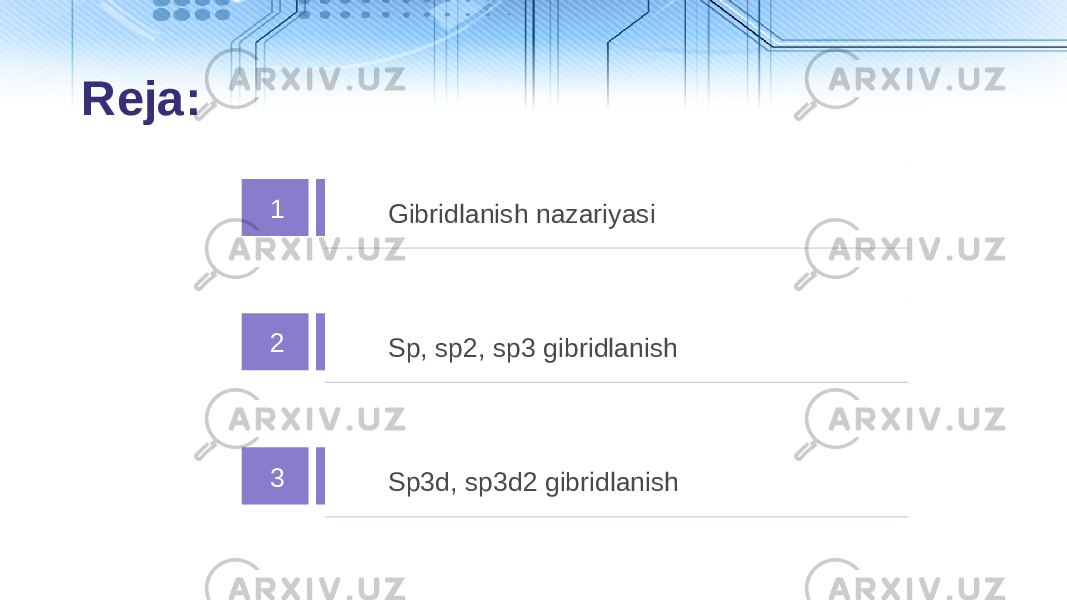 1 Gibridlanish nazariyasi 2 Sp, sp2, sp3 gibridlanish 3 Sp3d, sp3d2 gibridlanishReja: 