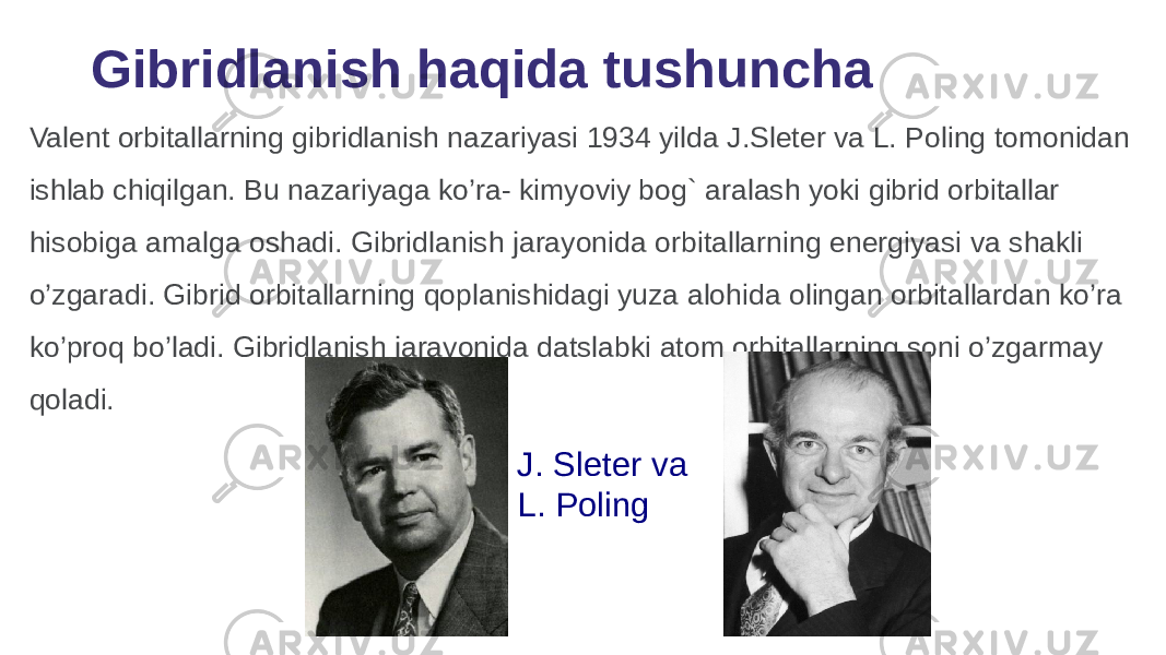 Valent orbitallarning gibridlanish nazariyasi 1934 yilda J.Sleter va L. Poling tomonidan ishlab chiqilgan. Bu nazariyaga ko’ra- kimyoviy bog` aralash yoki gibrid orbitallar hisobiga amalga oshadi. Gibridlanish jarayonida orbitallarning energiyasi va shakli o’zgaradi. Gibrid orbitallarning qoplanishidagi yuza alohida olingan orbitallardan ko’ra ko’proq bo’ladi. Gibridlanish jarayonida datslabki atom orbitallarning soni o’zgarmay qoladi. Gibridlanish haqida tushuncha J. Sleter va L. Poling 