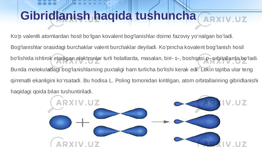 Ko‘p valentli atomlardan hosil bo‘lgan kovalent bog‘lanishlar doimo fazoviy yo‘nalgan bo‘ladi. Bog‘lanishlar orasidagi burchaklar valent burchaklar deyiladi. Ko‘pincha kovalent bog‘lanish hosil bo‘lishida ishtirok etadigan elektronlar turli holatlarda, masalan, biri- s-, boshqasi p- orbitallarda bo‘ladi. Bunda molekuladagi bog‘lanishlarning puxtaligi ham turlicha bo‘lishi kerak edi. Lekin tajriba ular teng qimmatli ekanligini ko‘rsatadi. Bu hodisa L. Poling tomonidan kiritilgan, atom orbitallarining gibridlanishi haqidagi qoida bilan tushuntiriladi. Gibridlanish haqida tushuncha 