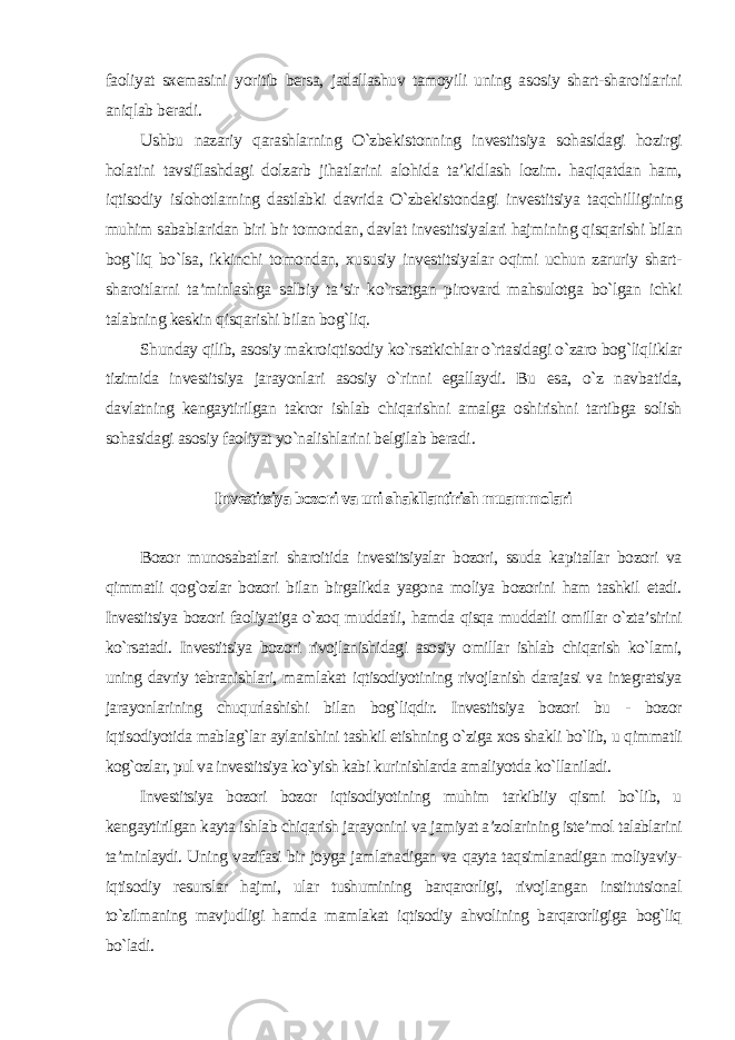 faoliyat sxemasini yoritib bersa, jadallashuv tamoyili uning asosiy shart-sharoitlarini aniqlab beradi. Ushbu nazariy qarashlarning O`zbekistonning investitsiya sohasidagi hozirgi holatini tavsiflashdagi dolzarb jihatlarini alohida ta’kidlash lozim. haqiqatdan ham, iqtisodiy islohotlarning dastlabki davrida O`zbekistondagi investitsiya taqchilligining muhim sabablaridan biri bir tomondan, davlat investitsiyalari hajmining qisqarishi bilan bog`liq bo`lsa, ikkinchi tomondan, xususiy investitsiyalar oqimi uchun zaruriy shart- sharoitlarni ta’minlashga salbiy ta’sir ko`rsatgan pirovard mahsulotga bo`lgan ichki talabning keskin qisqarishi bilan bog`liq. Shunday qilib, asosiy makroiqtisodiy ko`rsatkichlar o`rtasidagi o`zaro bog`liqliklar tizimida investitsiya jarayonlari asosiy o`rinni egallaydi. Bu esa, o`z navbatida, davlatning kengaytirilgan takror ishlab chiqarishni amalga oshirishni tartibga solish sohasidagi asosiy faoliyat yo`nalishlarini belgilab beradi . Investitsiya bozori va uni shakllantirish muammolari Bozor munosabatlari sharoitida investitsiyalar bozori, ssuda kapitallar bozori va qimmatli qog`ozlar bozori bilan birgalikda yagona moliya bozorini ham tashkil etadi. Investitsiya bozori faoliyatiga o`zoq muddatli, hamda qisqa muddatli omillar o`zta’sirini ko`rsatadi. Investitsiya bozori rivojlanishidagi asosiy omillar ishlab chiqarish ko`lami, uning davriy tebranishlari, mamlakat iqtisodiyotining rivojlanish darajasi va integratsiya jarayonlarining chuqurlashishi bilan bog`liqdir. Investitsiya bozori bu - bozor iqtisodiyotida mablag`lar aylanishini tashkil etishning o`ziga xos shakli bo`lib, u qimmatli kog`ozlar, pul va investitsiya ko`yish kabi kurinishlarda amaliyotda ko`llaniladi. Investitsiya bozori bozor iqtisodiyotining muhim tarkibiiy qismi bo`lib, u kengaytirilgan kayta ishlab chiqarish jarayonini va jamiyat a’zolarining iste’mol talablarini ta’minlaydi. Uning vazifasi bir joyga jamlanadigan va qayta taqsimlanadigan moliyaviy- iqtisodiy resurslar hajmi, ular tushumining barqarorligi, rivojlangan institutsional to`zilmaning mavjudligi hamda mamlakat iqtisodiy ahvolining barqarorligiga bog`liq bo`ladi. 