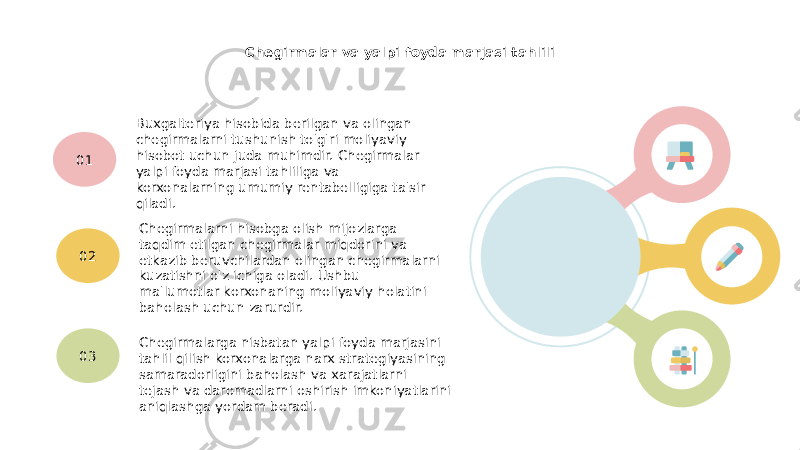 Chegirmalar va yalpi foyda marjasi tahlili Buxgalteriya hisobida berilgan va olingan chegirmalarni tushunish to&#39;g&#39;ri moliyaviy hisobot uchun juda muhimdir. Chegirmalar yalpi foyda marjasi tahliliga va korxonalarning umumiy rentabelligiga ta&#39;sir qiladi.01 Chegirmalarni hisobga olish mijozlarga taqdim etilgan chegirmalar miqdorini va etkazib beruvchilardan olingan chegirmalarni kuzatishni o&#39;z ichiga oladi. Ushbu ma&#39;lumotlar korxonaning moliyaviy holatini baholash uchun zarurdir.02 Chegirmalarga nisbatan yalpi foyda marjasini tahlil qilish korxonalarga narx strategiyasining samaradorligini baholash va xarajatlarni tejash va daromadlarni oshirish imkoniyatlarini aniqlashga yordam beradi.03 