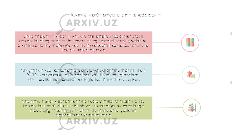 Diskont hisobi bo&#39;yicha amaliy tadqiqotlar Chegirma hisobi korxona moliyaviy boshqaruvining muhim jihati bo&#39;lib, tranzaktsiyalarda berilgan va olingan chegirmalarni sinchkovlik bilan kuzatish va hujjatlashtirishni talab qiladi.Chegirmalarni hisobga olish bo&#39;yicha amaliy tadqiqotlar orqali korxonalar chegirmalarni boshqarishning samarali strategiyalari va ularning umumiy moliyaviy salomatlikka ta&#39;siri haqida tushunchaga ega bo&#39;lishlari mumkin. Chegirma hisobi stsenariylarining haqiqiy misollarini tahlil qilib, korxonalar rentabellikni oshirish va buxgalteriya standartlariga muvofiqligini ta&#39;minlash uchun chegirma amaliyotlarini optimallashtirishlari mumkin. 