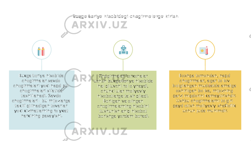 Buxgalteriya hisobidagi chegirmalarga kirish Chegirmalar korxonalar uchun buxgalteriya hisobida hal qiluvchi rol o&#39;ynaydi, chunki ular moliyaviy hisobotlarga ta&#39;sir qiladi. Berilgan va olingan chegirmalarning hisobini tushunish aniq hisobot berishga yordam beradi.Buxgalteriya hisobida chegirmalar savdo chegirmalari yoki naqd pul chegirmalari sifatida tasniflanadi. Savdo chegirmalari - bu mijozlarga taklif qilinadigan tovarlar yoki xizmatlarning ro&#39;yxat narxining pasayishi. Boshqa tomondan, naqd chegirmalar, agar to&#39;lov belgilangan muddatda amalga oshirilgan bo&#39;lsa, mijozning qarzi miqdorini kamaytirishdir. Ushbu chegirmalarni to&#39;g&#39;ri qayd etish moliyaviy shaffoflik uchun juda muhimdir. 