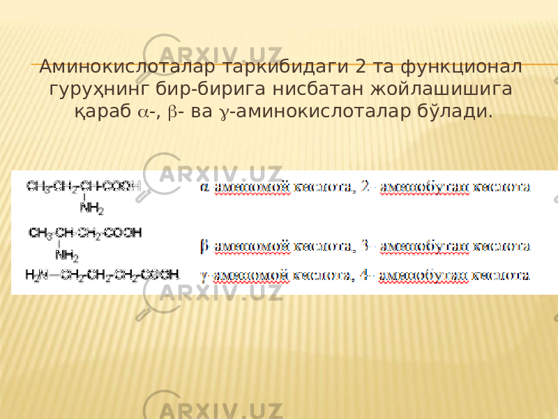 Аминокислоталар таркибидаги 2 та функционал гуруҳнинг бир-бирига нисбатан жойлашишига қараб  -,  - ва  -аминокислоталар бўлади. 