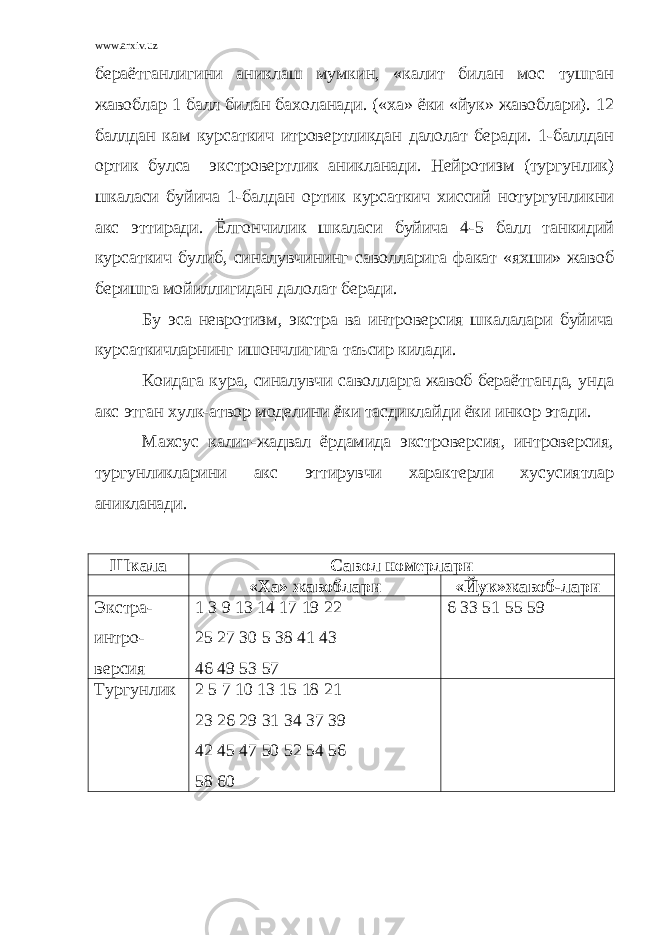 www.arxiv.uz бераётганлигини аниклаш мумкин, «калит билан мос тушган жавоблар 1 балл билан бахоланади. («ха» ёки «йук» жавоблари). 12 баллдан кам курсаткич итровертликдан далолат беради. 1-баллдан ортик булса экстровертлик аникланади. Нейротизм (тургунлик) шкаласи буйича 1-балдан ортик курсаткич хиссий нотургунликни акс эттиради. Ёлгончилик шкаласи буйича 4-5 балл танкидий курсаткич булиб, синалувчининг саволларига факат «яхши» жавоб беришга мойиллигидан далолат беради. Бу эса невротизм, экстра ва интроверсия шкалалари буйича курсаткичларнинг ишончлигига таъсир килади. Коидага кура, синалувчи саволларга жавоб бераётганда, унда акс этган хулк-атвор моделини ёки тасдиклайди ёки инкор этади. Махсус калит-жадвал ёрдамида экстроверсия, интроверсия, тургунликларини акс эттирувчи характерли хусусиятлар аникланади. Шкала Савол номерлари «Ха» жавоблари «Йук»жавоб-лари Экстра- интро- версия 1 3 9 13 14 17 19 22 25 27 30 5 38 41 43 46 49 53 57 6 33 51 55 59 Тургунлик 2 5 7 10 13 15 18 21 23 26 29 31 34 37 39 42 45 47 50 52 54 56 58 60 