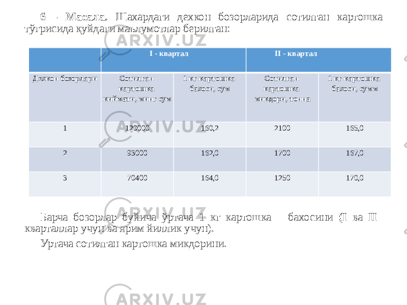 6 - Масала. Шахардаги дехкон бозорларида сотилган картошка тўғрисида қуйдаги маълумотлар берилган: Барча бозорлар буйича ўртача 1 кг картошка бахосини (I ва II кварталлар учун ва ярим йиллик учун). Уртача сотилган картошка микдорини. I - квартал II - квартал Дехкон бозорлари Сотилган картошка киймати, минг сум 1 кг картошка бахоси, сум Сотилган картошка микдори, тонна 1 кг картошка бахоси, сумм 1 120000 160,2 2100 165,0 2 9300 162,0 1700 167,0 3 70400 164,0 1250 170,0 