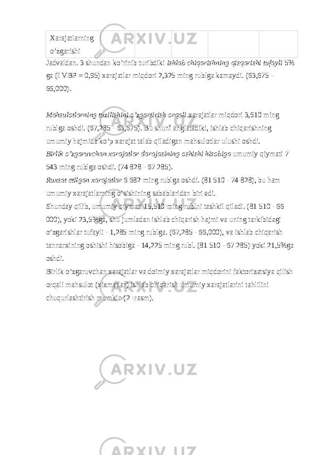 Xarajatlarning o’zgarishi Jadvaldan. 3 shundan ko’rinib turibdiki   ishlab chiqarishning qisqarishi tufayli   5% ga (I VBP = 0,95) xarajatlar miqdori 2,325 ming rublga kamaydi. (63,675 - 66,000). Mahsulotlarning tuzilishini o ’ zgartirish orqali   xarajatlar miqdori 3,610 ming rublga oshdi . (67,285 - 63,675). Bu shuni anglatadiki , ishlab chiqarishning umumiy hajmida ko ’ p xarajat talab qiladigan mahsulotlar ulushi oshdi . Birlik o ’ zgaruvchan xarajatlar darajasining oshishi hisobiga   umumiy qiymati 7 543 ming rublga oshdi . (74 828 - 67 285). Ruxsat etilgan xarajatlar   6 682 ming rublga oshdi. (81 510 - 74 828), bu ham umumiy xarajatlarning o’sishining sabablaridan biri edi. Shunday qilib, umumiy qiymati 15,510 ming rublni tashkil qiladi. (81 510 - 66 000), yoki 23,5%ga, shu jumladan ishlab chiqarish hajmi va uning tarkibidagi o’zgarishlar tufayli - 1,285 ming rublga. (67,285 - 66,000), va ishlab chiqarish tannarxining oshishi hisobiga - 14,225 ming rubl. (81 510 - 67 285) yoki 21,5%ga oshdi. Birlik o’zgaruvchan xarajatlar va doimiy xarajatlar miqdorini faktorizatsiya qilish orqali mahsulot (xizmatlar) ishlab chiqarish umumiy xarajatlarini tahlilini chuqurlashtirish mumkin (2 -rasm). 