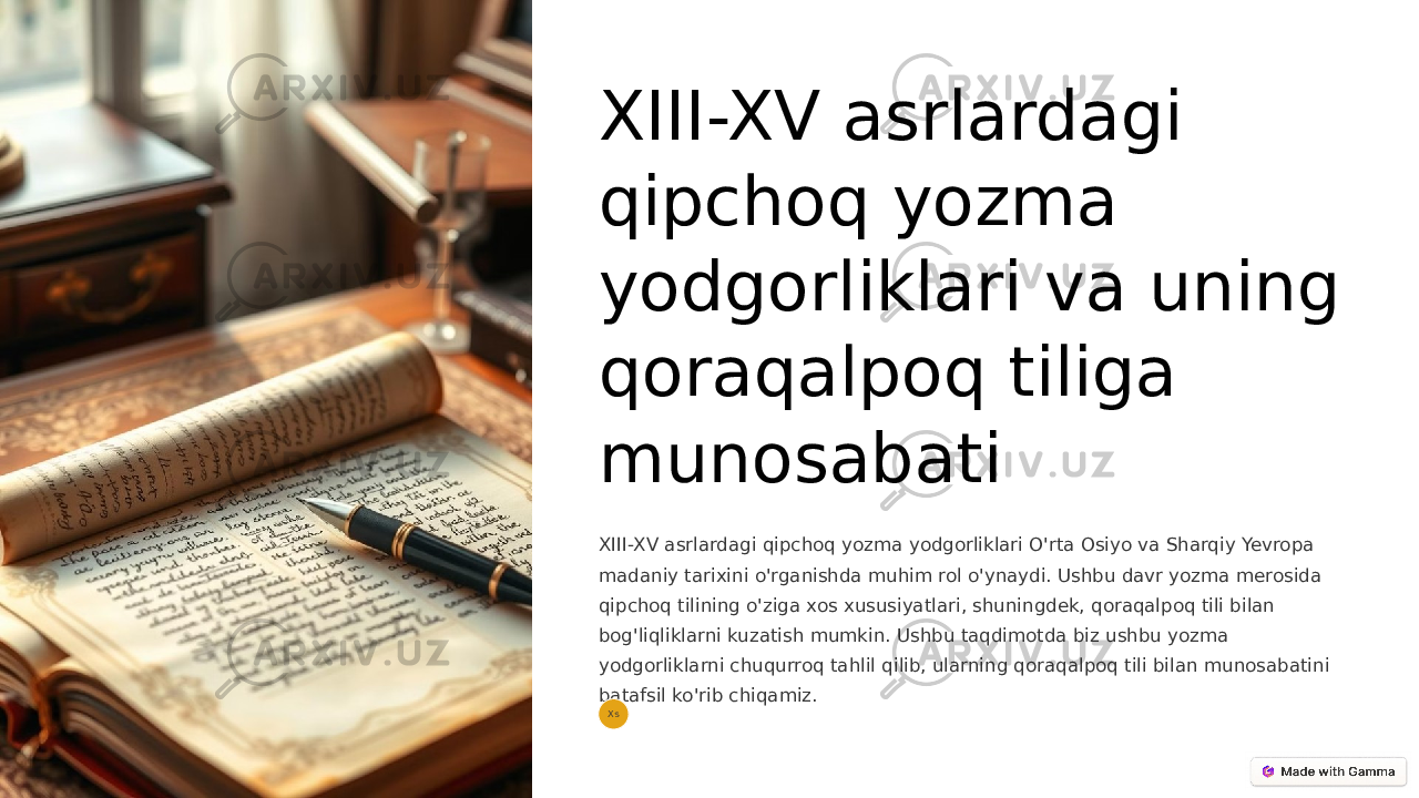 XIII-XV asrlardagi qipchoq yozma yodgorliklari va uning qoraqalpoq tiliga munosabati XIII-XV asrlardagi qipchoq yozma yodgorliklari O&#39;rta Osiyo va Sharqiy Yevropa madaniy tarixini o&#39;rganishda muhim rol o&#39;ynaydi. Ushbu davr yozma merosida qipchoq tilining o&#39;ziga xos xususiyatlari, shuningdek, qoraqalpoq tili bilan bog&#39;liqliklarni kuzatish mumkin. Ushbu taqdimotda biz ushbu yozma yodgorliklarni chuqurroq tahlil qilib, ularning qoraqalpoq tili bilan munosabatini batafsil ko&#39;rib chiqamiz. Xs 