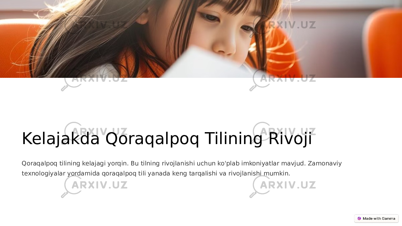 Kelajakda Qoraqalpoq Tilining Rivoji Qoraqalpoq tilining kelajagi yorqin. Bu tilning rivojlanishi uchun ko&#39;plab imkoniyatlar mavjud. Zamonaviy texnologiyalar yordamida qoraqalpoq tili yanada keng tarqalishi va rivojlanishi mumkin. 