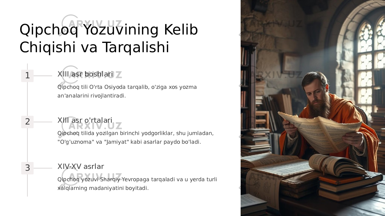 Qipchoq Yozuvining Kelib Chiqishi va Tarqalishi 1 XIII asr boshlari Qipchoq tili O&#39;rta Osiyoda tarqalib, o&#39;ziga xos yozma an&#39;analarini rivojlantiradi. 2 XIII asr o&#39;rtalari Qipchoq tilida yozilgan birinchi yodgorliklar, shu jumladan, &#34;O&#39;g&#39;uznoma&#34; va &#34;Jamiyat&#34; kabi asarlar paydo bo&#39;ladi. 3 XIV-XV asrlar Qipchoq yozuvi Sharqiy Yevropaga tarqaladi va u yerda turli xalqlarning madaniyatini boyitadi. 
