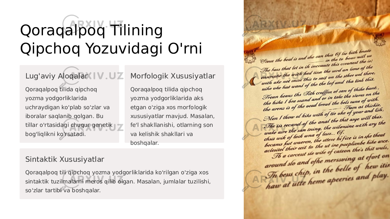 Qoraqalpoq Tilining Qipchoq Yozuvidagi O&#39;rni Lug&#39;aviy Aloqalar Qoraqalpoq tilida qipchoq yozma yodgorliklarida uchraydigan ko&#39;plab so&#39;zlar va iboralar saqlanib qolgan. Bu tillar o&#39;rtasidagi chuqur genetik bog&#39;liqlikni ko&#39;rsatadi. Morfologik Xususiyatlar Qoraqalpoq tilida qipchoq yozma yodgorliklarida aks etgan o&#39;ziga xos morfologik xususiyatlar mavjud. Masalan, fe&#39;l shakllanishi, otlarning son va kelishik shakllari va boshqalar. Sintaktik Xususiyatlar Qoraqalpoq tili qipchoq yozma yodgorliklarida ko&#39;rilgan o&#39;ziga xos sintaktik tuzilmalarni meros qilib olgan. Masalan, jumlalar tuzilishi, so&#39;zlar tartibi va boshqalar. 