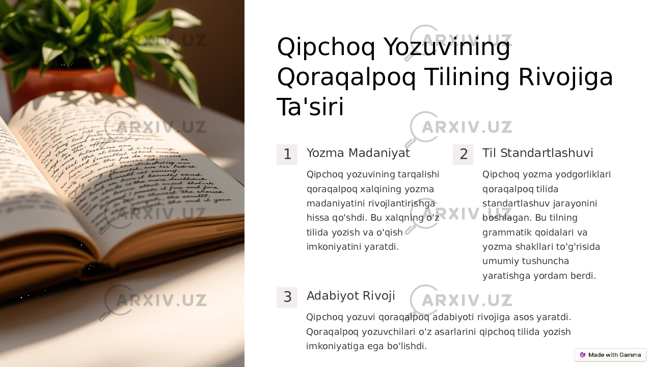 Qipchoq Yozuvining Qoraqalpoq Tilining Rivojiga Ta&#39;siri 1 Yozma Madaniyat Qipchoq yozuvining tarqalishi qoraqalpoq xalqining yozma madaniyatini rivojlantirishga hissa qo&#39;shdi. Bu xalqning o&#39;z tilida yozish va o&#39;qish imkoniyatini yaratdi. 2 Til Standartlashuvi Qipchoq yozma yodgorliklari qoraqalpoq tilida standartlashuv jarayonini boshlagan. Bu tilning grammatik qoidalari va yozma shakllari to&#39;g&#39;risida umumiy tushuncha yaratishga yordam berdi. 3 Adabiyot Rivoji Qipchoq yozuvi qoraqalpoq adabiyoti rivojiga asos yaratdi. Qoraqalpoq yozuvchilari o&#39;z asarlarini qipchoq tilida yozish imkoniyatiga ega bo&#39;lishdi. 