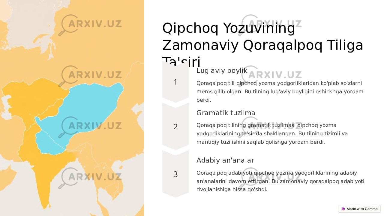 Qipchoq Yozuvining Zamonaviy Qoraqalpoq Tiliga Ta&#39;siri Lug&#39;aviy boylik Qoraqalpoq tili qipchoq yozma yodgorliklaridan ko&#39;plab so&#39;zlarni meros qilib olgan. Bu tilning lug&#39;aviy boyligini oshirishga yordam berdi. Gramatik tuzilma Qoraqalpoq tilining gramatik tuzilmasi qipchoq yozma yodgorliklarining ta&#39;sirida shakllangan. Bu tilning tizimli va mantiqiy tuzilishini saqlab qolishga yordam berdi. Adabiy an&#39;analar Qoraqalpoq adabiyoti qipchoq yozma yodgorliklarining adabiy an&#39;analarini davom ettirgan. Bu zamonaviy qoraqalpoq adabiyoti rivojlanishiga hissa qo&#39;shdi. 