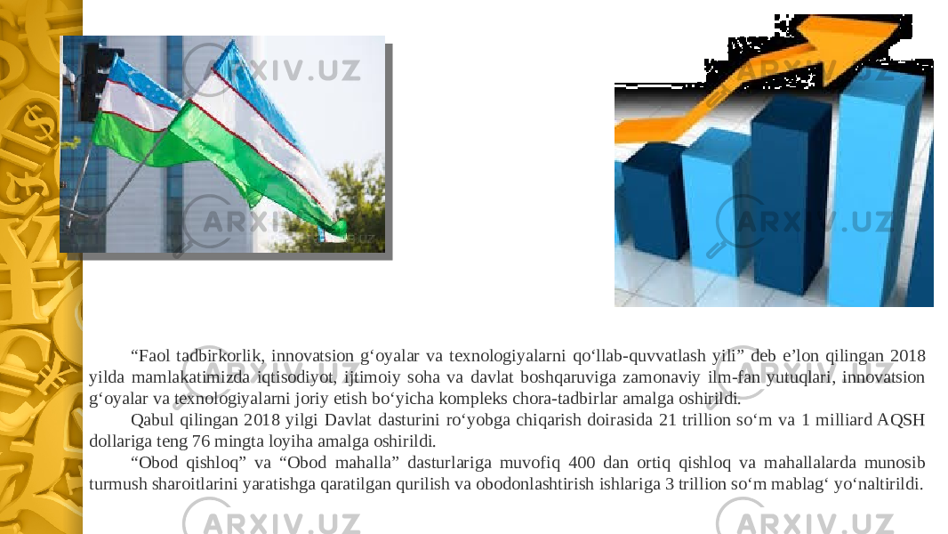 “ Faol tadbirkorlik, innovatsion gʻoyalar va texnologiyalarni qoʻllab-quvvatlash yili” deb eʼlon qilingan 2018 yilda mamlakatimizda iqtisodiyot, ijtimoiy soha va davlat boshqaruviga zamonaviy ilm-fan yutuqlari, innovatsion gʻoyalar va texnologiyalarni joriy etish boʻyicha kompleks chora-tadbirlar amalga oshirildi. Qabul qilingan 2018 yilgi Davlat dasturini roʻyobga chiqarish doirasida 21 trillion soʻm va 1 milliard AQSH dollariga teng 76 mingta loyiha amalga oshirildi. “ Obod qishloq” va “Obod mahalla” dasturlariga muvofiq 400 dan ortiq qishloq va mahallalarda munosib turmush sharoitlarini yaratishga qaratilgan qurilish va obodonlashtirish ishlariga 3 trillion soʻm mablagʻ yoʻnaltirildi. 