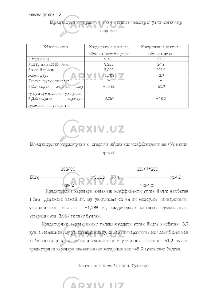 www.arxiv.uz Кредиторлик карзлари айланишига таъсир этувчи омиллар таҳлили Кўрсаткичлар Кредиторлик карзлари айланиш коэффиценти Кредиторлик карзлари айланиш даври 1.Утган йил 5,265 106,1 2.Шартли ҳисобот йили 6,553 54,9 3.ҳисобот йили 3,496 102,9 Жами фарк -1,796 -3,2 Таъсир этувчи омиллар * * 1.Сотишдан олинган соф тушум суммасининг узгариши +1,288 -51,2 2.Дебиторлик карзлари суммасининг узгариши -3,057 +48,0 Кредиторлик карзларининг шартли айланиш коэффиценти ва айланиш даври 108400 К1қ---------------------------------қ6,553, 16542 16542*360 К2қ--------------------------------қ54,9 108400 Кредиторлик карзлари айланиш коэффиценти утган йилга нисбатан 1.796 даражага камайган. Бу узгаришда сотилган маҳсулот таннархининг узгаришининг таъсири +1,288 га, кредиторлик карзлари суммасининг узгариши эса -3,057 га тенг булган. Кредиторлик карзларининг тулаш муддати утган йилга нисбатан -3,2 кунга тезлашган. Бу узгаришда маҳсулотлар таннархининг еки сотиб олинган кийматликлар ва хизматлар суммасининг узгариши таъсири -51,2 кунга, кредиторлик карзлари суммасининг узгариши эса +48,0 кунга тенг булган. Карзларни камайтириш йуллари 