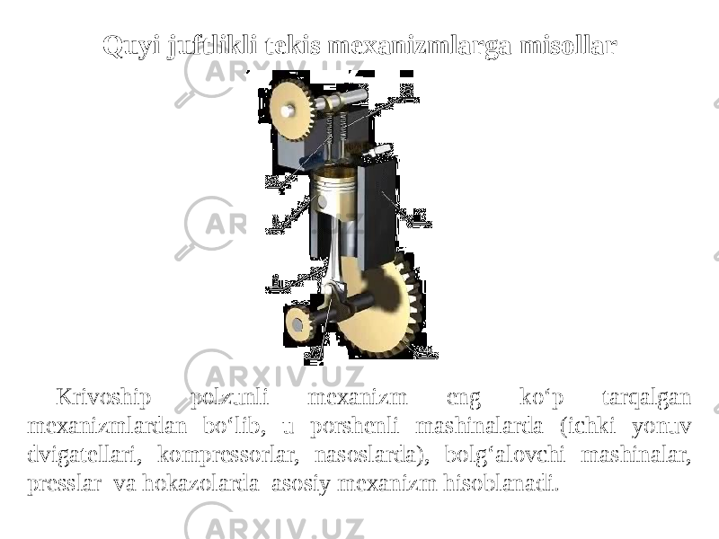 Quyi juftlikli tekis mexanizmlarga misollar Krivoship polzunli mexanizm eng ko‘p tarqalgan mexanizmlardan bo‘lib, u porshenli mashinalarda (ichki yonuv dvigatellari, kompressorlar, nasoslarda), bolg‘alovchi mashinalar, presslar va hokazolarda asosiy mexanizm hisoblanadi. 