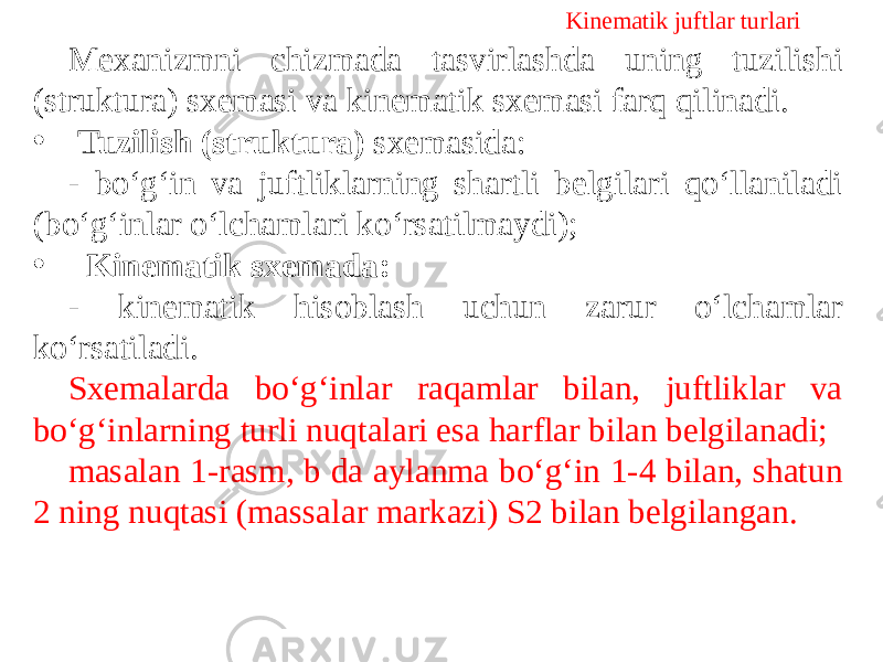 Mexanizmni chizmada tasvirlashda uning tuzilishi (struktura) sxemasi va kinematik sxemasi farq qilinadi. • Tuzilish (struktura) sxemasida: - bo‘g‘in va juftliklarning shartli belgilari qo‘llaniladi (bo‘g‘inlar o‘lchamlari ko‘rsatilmaydi); • Kinematik sxemada: - kinematik hisoblash uchun zarur o‘lchamlar ko‘rsatiladi. Sxemalarda bo‘g‘inlar raqamlar bilan, juftliklar va bo‘g‘inlarning turli nuqtalari esa harflar bilan belgilanadi; masalan 1-rasm, b da aylanma bo‘g‘in 1-4 bilan, shatun 2 ning nuqtasi (massalar markazi) S2 bilan belgilangan. Kinematik juftlar turlari 