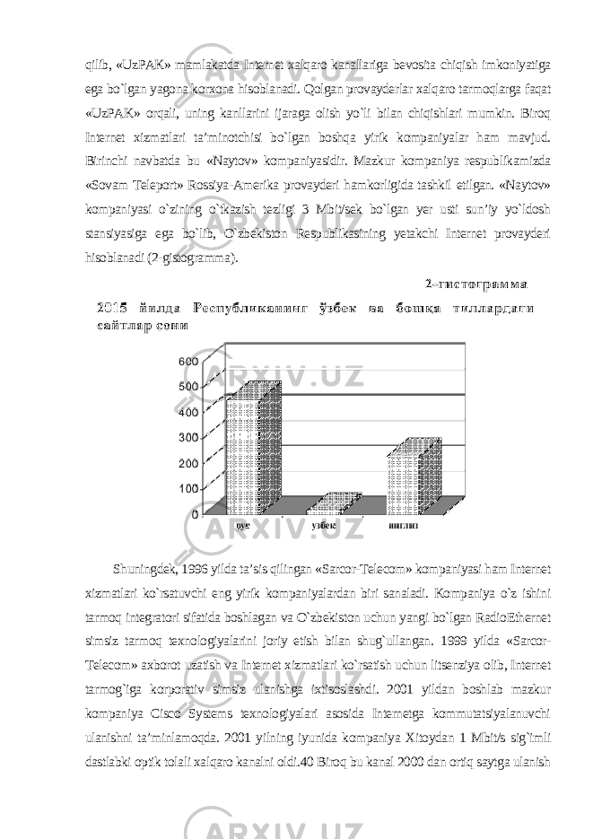 qilib, «UzPAK» mamlakatda Internet xalqaro kanallariga bevosita chiqish imkoniyatiga ega bo`lgan yagona korxona hisoblanadi. Qolgan provayderlar xalqaro tarmoqlarga faqat «UzPAK» orqali, uning kanllarini ijaraga olish yo`li bilan chiqishlari mumkin. Biroq Internet xizmatlari ta’minotchisi bo`lgan boshqa yirik kompaniyalar ham mavjud. Birinchi navbatda bu «Naytov» kompaniyasidir. Mazkur kompaniya respublikamizda «Sovam Teleport» Rossiya-Amerika provayderi hamkorligida tashkil etilgan. «Naytov» kompaniyasi o`zining o`tkazish tezligi 3 Mbit/sek bo`lgan yer usti sun’iy yo`ldosh stansiyasiga ega bo`lib, O`zbekiston Respublikasining yetakchi Internet provayderi hisoblanadi (2-gistogramma ). Shuningdek, 1996 yilda ta’sis qilingan «Sarcor-Telecom» kompaniyasi ham Internet xizmatlari ko`rsatuvchi eng yirik kompaniyalardan biri sanaladi. Kompaniya o`z ishini tarmoq integratori sifatida boshlagan va O`zbekiston uchun yangi bo`lgan RadioEthernet simsiz tarmoq texnologiyalarini joriy etish bilan shug`ullangan. 1999 yilda «Sarcor- Telecom» axborot uzatish va Internet xizmatlari ko`rsatish uchun litsenziya olib, Internet tarmog`iga korporativ simsiz ulanishga ixtisoslashdi. 2001 yildan boshlab mazkur kompaniya Cisco Systems texnologiyalari asosida Internetga kommutatsiyalanuvchi ulanishni ta’minlamoqda. 2001 yilning iyunida kompaniya Xitoydan 1 Mbit/s sig`imli dastlabki optik tolali xalqaro kanalni oldi.40 Biroq bu kanal 2000 dan ortiq saytga ulanish 