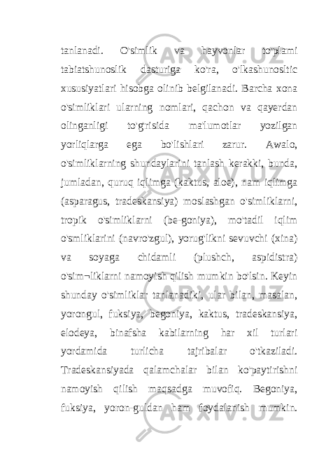 tanlanadi. O&#39;simlik va hayvonlar to&#39;plami tabiatshunoslik dasturiga ko&#39;ra, o&#39;lkashunosltic xususiyatlari hisobga olinib belgilanadi. Barcha xona o&#39;simliklari ularning nomlari, qachon va qayerdan olinganligi to&#39;g&#39;risida ma&#39;lumotlar yozilgan yorliqlarga ega bo&#39;lishlari zarur. Awalo, o&#39;simliklarning shundaylarini tanlash kerakki, bunda, jumladan, quruq iqlimga (kaktus, aloe), nam iqlimga (asparagus, tradeskansiya) moslashgan o&#39;simliklarni, tropik o&#39;simliklarni (be-goniya), mo&#39;tadil iqlim o&#39;smliklarini (navro&#39;zgul), yorug&#39;likni sevuvchi (xina) va soyaga chidamli (plushch, aspidistra) o&#39;sim¬liklarni namoyish qilish mumkin bo&#39;lsin. Keyin shunday o&#39;simliklar tanlanadiki, ular bilan, masalan, yorongul, fuksiya, begoniya, kaktus, tradeskansiya, elodeya, binafsha kabilarning har xil turlari yordamida turlicha tajribalar o&#39;tkaziladi. Tradeskansiyada qalamchalar bilan ko&#39;paytirishni namoyish qilish maqsadga muvofiq. Begoniya, fuksiya, yoron-guldan ham foydalanish mumkin. 