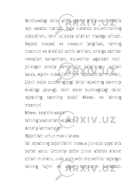 Burchakdagi ishlar yillik, yarim yillik va choraklik reja asosida tuziladi. Reja tuzishda o&#39;quvchilarning qiziqishlari, ishni ud-dalay olishlari hisobga olinadi. Rejada maqsad va mavzuni belgilash, ishning mazmuni va shakllari ochib berilishi, amalga oshirish metodlari ko&#39;rsatilishi, o&#39;quvchilar egallashi mo&#39;l- jallangan amaliy ko&#39;nikmalar belgilangan bo&#39;lishi kerak. Ayrim mavzularni ham rejalashtirish mumkin. (Jonli tabiat burcha¬gidagi ishlar rejasining taxminiy shakliga qarang). Jonli tabiat burchagidagi ishlar rejasining taxminiy shakli Mavzu va ishning mazmuni Mavzu bo&#39;yicha soatlar Ishning boshlanishi va oxiri Amaliy ko&#39;nikmalar Bajarilishi uchun mas&#39;ul shaxs Ish rejasining bajarilishini maxsus jurnalda qayd etib borish zarur. Umumiy daftar jurnal sifatida xizmat qilishi mumkin, unda o&#39;qituvchi o&#39;quvchilar bajargan ishning hajmi va olgan natijalarini ko&#39;rsatadi. 