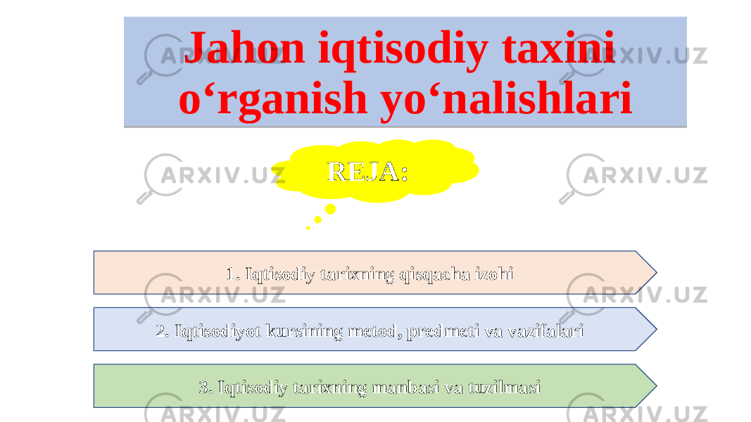 Jahon iqtisodiy taxini o‘rganish yo‘nalishlari REJA: 1. Iqtisodiy tarixning qisqacha izohi 2. Iqtisodiyot kursining metod, predmeti va vazifalari 3. Iqtisodiy tarixning manbasi va tuzilmasi01 040E0F 