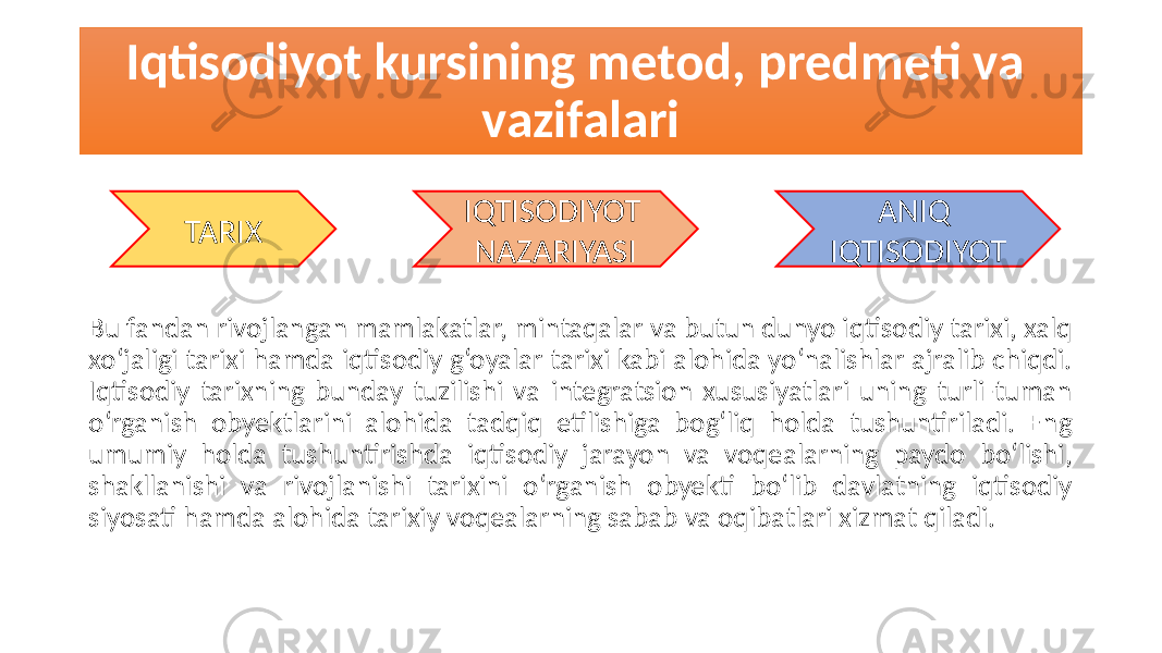 Iqtisodiyot kursining metod, predmeti va vazifalari Bu fandan rivojlangan mamlakatlar, mintaqalar va butun dunyo iqtisodiy tarixi, xalq xo‘jaligi tarixi hamda iqtisodiy g‘oyalar tarixi kabi alohida yo‘nalishlar ajralib chiqdi. Iqtisodiy tarixning bunday tuzilishi va integratsion xususiyatlari uning turli-tuman o‘rganish obyektlarini alohida tadqiq etilishiga bog‘liq holda tushuntiriladi. Eng umumiy holda tushuntirishda iqtisodiy jarayon va voqealarning paydo bo‘lishi, shakllanishi va rivojlanishi tarixini o‘rganish obyekti bo‘lib davlatning iqtisodiy siyosati hamda alohida tarixiy voqealarning sabab va oqibatlari xizmat qiladi. TARIX ANIQ IQTISODIYOTIQTISODIYOT NAZARIYASI 