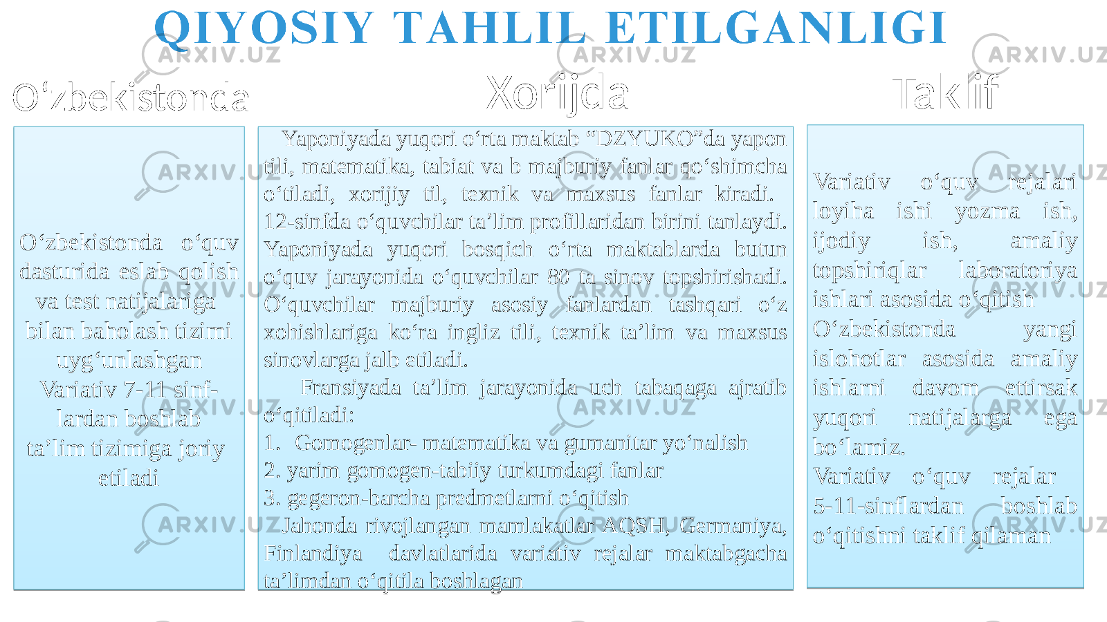 O‘zbekistonda o‘quv dasturida eslab qolish va test natijalariga bilan baholash tizimi uyg‘unlashgan Variativ 7-11 sinf- lardan boshlab ta’lim tizimiga joriy etiladi Yaponiyada yuqori o‘rta maktab “DZYUKO”dа yapon tili, matematika, tabiat va b majburiy fanlar qo‘shimcha o‘tiladi, xorijiy til, texnik va maxsus fanlar kiradi. 12-sinfda o‘quvchilar ta’lim profillaridan birini tanlaydi. Yaponiyada yuqori bosqich o‘rta maktablarda butun o‘quv jarayonida o‘quvchilar 80 ta sinov topshirishadi. O‘quvchilar majburiy asosiy fanlardan tashqari o‘z xohishlariga ko‘ra ingliz tili, texnik ta’lim va maxsus sinovlarga jalb etiladi. Fransiyada ta’lim jarayonida uch tabaqaga ajratib o‘qitiladi: 1. Gomogenlar- matematika va gumanitar yo‘nalish 2. yarim gomogen-tabiiy turkumdagi fanlar 3. gegeron-barcha predmetlarni o‘qitish Jahonda rivojlangan mamlakatlar AQSH, Germaniya, Finlandiya davlatlarida variativ rejalar maktabgacha ta’limdan o‘qitila boshlagan Variativ o‘quv rejalari loyiha ishi yozma ish, ijodiy ish, amaliy topshiriqlar laboratoriya ishlari asosida o‘qitish O‘zbekistonda yangi islohotlar asosida amaliy ishlarni davom ettirsak yuqori natijalarga ega bo‘lamiz. Variativ o‘quv rejalar 5-11-sinflardan boshlab o‘qitishni taklif qilamanO‘zbekistonda Xorijda Taklif 2F2822 07 0D 120A0F08 03 30 0F 1008 18 0B 32 100A 062810 2D2B1C 32 062811 2F2811030D29160A 3906160A14 14 0B 250C080414 062811 2D20 3C0615060918040F080C 2B200B 3D200B 0B 3E 25 10081D 30 0F 0A 10 0A 2F2822 0A 0A 0503 1206 30 411C2D 062811 