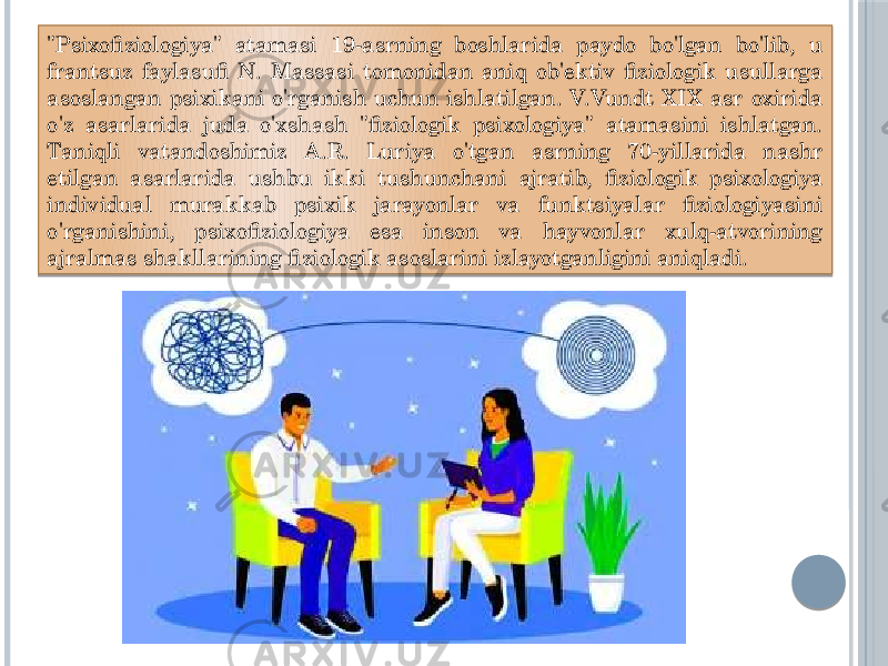 &#34;Psixofiziologiya&#34; atamasi 19-asrning boshlarida paydo bo&#39;lgan bo&#39;lib, u frantsuz faylasufi N. Massasi tomonidan aniq ob&#39;ektiv fiziologik usullarga asoslangan psixikani o&#39;rganish uchun ishlatilgan. V.Vundt XIX asr oxirida o&#39;z asarlarida juda o&#39;xshash &#34;fiziologik psixologiya&#34; atamasini ishlatgan. Taniqli vatandoshimiz A.R. Luriya o&#39;tgan asrning 70-yillarida nashr etilgan asarlarida ushbu ikki tushunchani ajratib, fiziologik psixologiya individual murakkab psixik jarayonlar va funktsiyalar fiziologiyasini o&#39;rganishini, psixofiziologiya esa inson va hayvonlar xulq-atvorining ajralmas shakllarining fiziologik asoslarini izlayotganligini aniqladi. 010203 1C13 0C 06 29 21 04 06 0C 