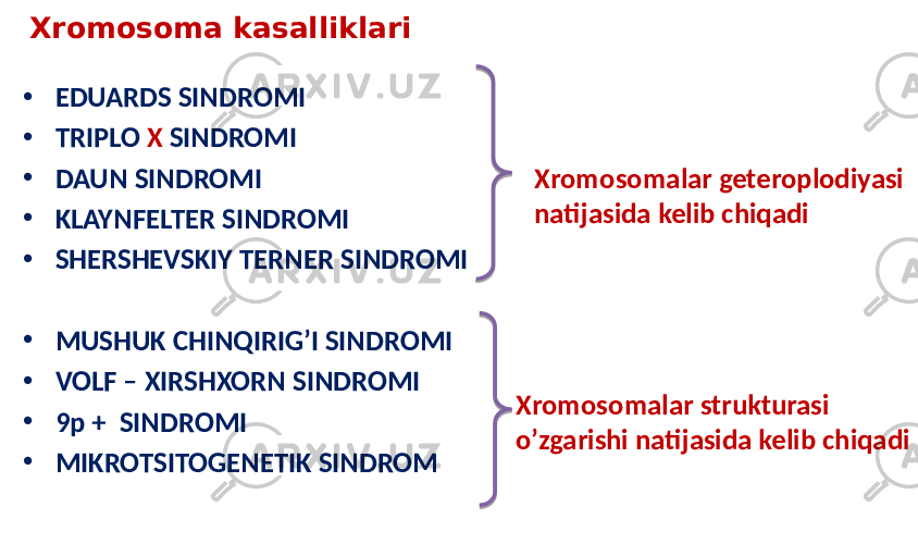 Xromosoma kasalliklari • EDUARDS SINDROMI • TRIPLO X SINDROMI • DAUN SINDROMI • KLAYNFELTER SINDROMI • SHERSHEVSKIY TERNER SINDROMI • MUSHUK CHINQIRIG’I SINDROMI • VOLF – XIRSHXORN SINDROMI • 9p + SINDROMI • MIKROTSITOGENETIK SINDROM Xromosomalar geteroplodiyasi natijasida kelib chiqadi Xromosomalar strukturasi o’zgarishi natijasida kelib chiqadi 