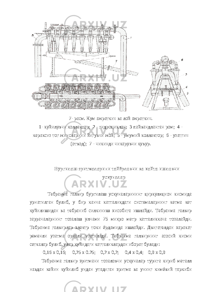 7- расм. Кум ажраткич ва лой ажраткич. 1- куйилувчи коллектор; 2 - гидроциклон; 3 пайвандланган ром; 4 - кераксиз тог жинсларини йигувчи жой; 5 - умумий коллектор; 6 - узатгич (отвод); 7 - чикинди чикарувчи кувур. Бургилаш эритмаларини тайёрловчи ва кайта ишловчи ускуналар Тебранма галвир бургилаш ускуналарининг циркуляцион кисмида урнатилган булиб, у бир канча катталикдаги системаларнинг кетма кет куйилишидан ва тебраниб силкиниш хисобига ишлайди. Тебранма галвир заррачаларнинг тозалаш улчами 75 микро метр катталиккача тозалайди. Тебранма галвирлар электр токи ёрдамида ишлайди. Двигателдан харакат ременли узатма оркали узатилади. Тебранма галвирнинг асосий кисми сеткалар булиб, улар куйидаги катталиклардан иборат булади: 0,16 х 0,16; 0,25 х 0.25; 0,2 х 0,2; 0,4 х 0,4; 0,9 х 0,9 Тебранма галвир эритмани тозаловчи ускуналар турига кириб металл навдан кейин куйилиб ундан утадиган эритма ва унинг кимёвий таркиби 