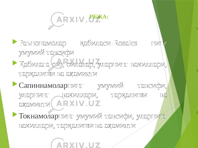 РЕЖА:  Раънонамолар қабиласи-Rosales нинг умумий тавсифи  Қабилага оид оилалар, уларнинг вакиллари, тарқалиши ва аҳамияти  Сапиннамолар нинг умумий тавсифи, уларнинг вакиллари, тарқалиши ва аҳамияти  Токнамолар нинг умумий тавсифи, уларнинг вакиллари, тарқалиши ва аҳамияти 