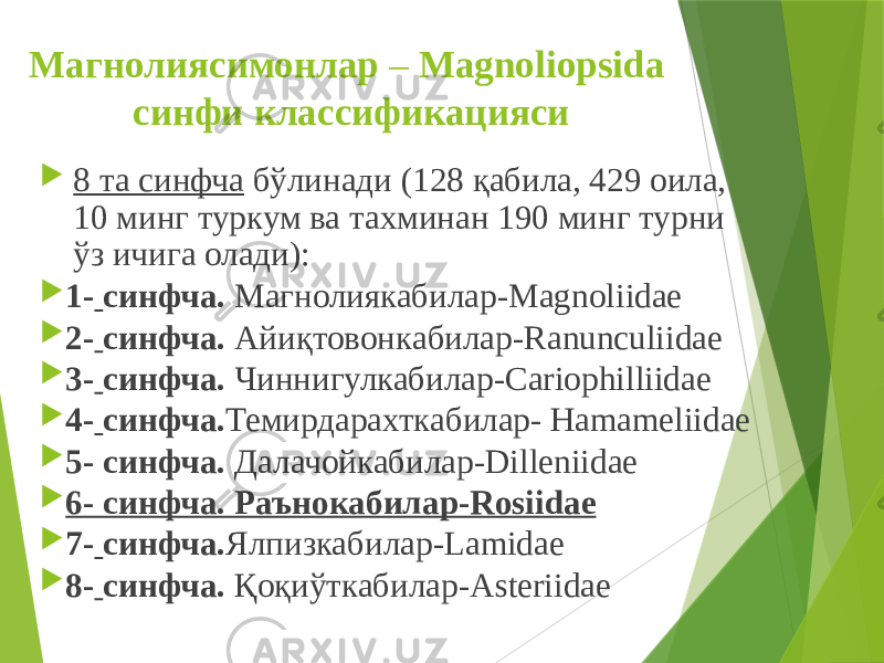 Магнолиясимонлар – Magnoliopsida синфи классификацияси  8 та синфча бўлинади (128 қабила, 429 оила, 10 минг туркум ва тахминан 190 минг турни ўз ичига олади):  1- синфча. Магнолиякабилар-Magnoliidae  2- синфча. Айиқтовонкабилар-Ranunculiidae  3- синфча. Чиннигулкабилар-Cariophilliidae  4- синфча. Темирдарахткабилар- Hamameliidae  5- синфча. Далачойкабилар-Dilleniidae  6- синфча. Раънокабилар-Rosiidae  7- синфча. Ялпизкабилар-Lamidae  8- синфча. Қоқиўткабилар-Asteriidae 