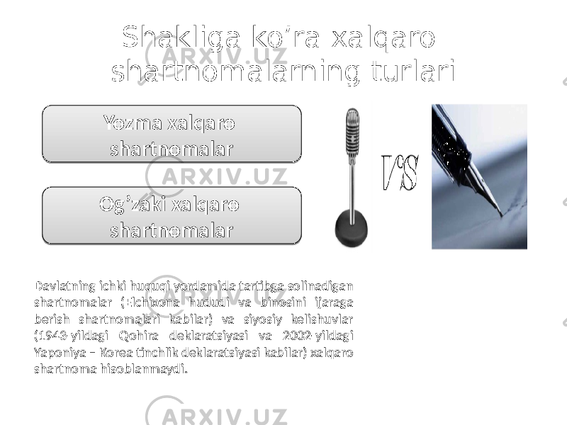 Shakliga ko’ra xalqaro shartnomalarning turlari Davlatning ichki huquqi yordamida tartibga solinadigan shartnomalar (Elchixona hududi va binosini ijaraga berish shartnomalari kabilar) va siyosiy kelishuvlar (1943-yildagi Qohira deklaratsiyasi va 2002-yildagi Yaponiya – Korea tinchlik deklaratsiyasi kabilar) xalqaro shartnoma hisoblanmaydi. Yozma xalqaro shartnomalar Og’zaki xalqaro shartnomalar29 0A 2F 0A 