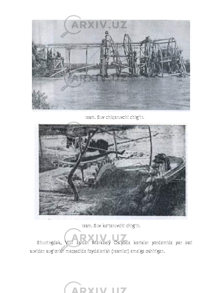 rasm. Suv chiqaruvchi chig‘ir. rasm. Suv ko‘taruvchi chig‘ir. Shuningdek, VIII asrdan Markaziy Osiyoda korizlar yordamida yer osti suvidan sug‘orish maqsadida foydalanish (rasmlar) amalga oshirigan. 