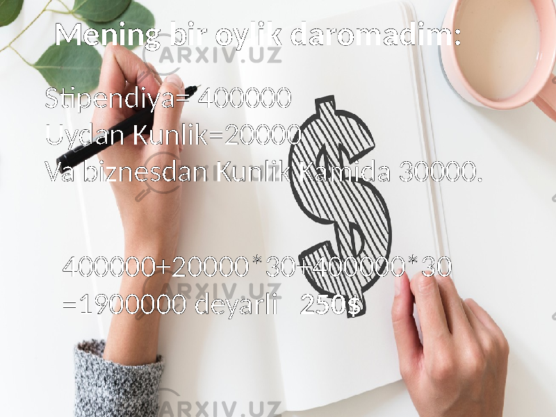 Mening bir oylik daromadim: Stipendiya= 400000 Uydan Kunlik=20000 Va biznesdan Kunlik Kamida 30000. 400000+20000*30+400000*30 =1900000 deyarli 250$ 