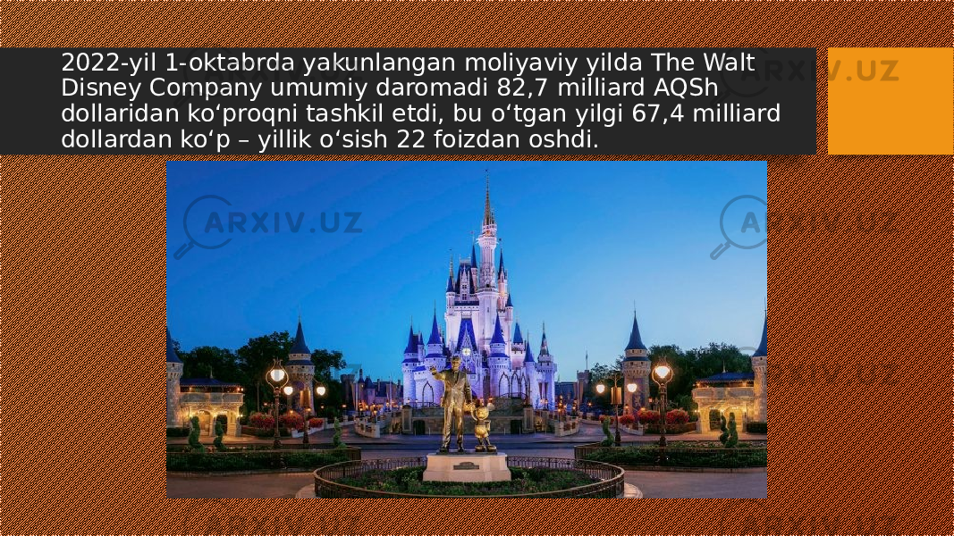 2022-yil 1-oktabrda yakunlangan moliyaviy yilda The Walt Disney Company umumiy daromadi 82,7 milliard AQSh dollaridan ko‘proqni tashkil etdi, bu o‘tgan yilgi 67,4 milliard dollardan ko‘p – yillik o‘sish 22 foizdan oshdi. 