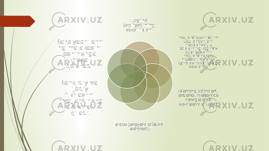 Loyiha faoliyatining afzalliklari: rivojlantiruvchi ta&#39;lim usullaridan biri hisoblanadi, u bolalarning kognitiv qobiliyatlarini rivojlantirishga, mustaqil ravishda loyihalash qobiliyatiga asoslanadi ularning bilimlari, axborot makonida navigatsiya vazifasini o`taydi ; o&#39;quv jarayoni sifatini oshiradi;tanqidiy va ijodiy fikrlashni rivojlantirishg a xizmat qiladi .tarbiyachilarni ng malakasini oshirishga hissa qo&#39;shadi. 