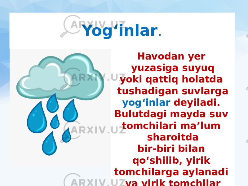 Yog‘inlar . Havodan yer yuzasiga suyuq yoki qattiq holatda tushadigan suvlarga yog‘inlar deyiladi. Bulutdagi mayda suv tomchilari ma’lum sharoitda bir-biri bilan qo‘shilib, yirik tomchilarga aylanadi va yirik tomchilar yerga yomg‘ir bo‘lib tushadi. 