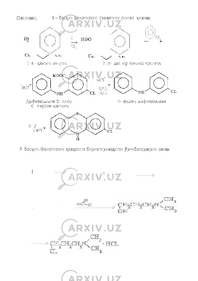 Олиниши. 1 – босқич фенотиазин скелетини синтез қилиш; 2- босқич. Фен о тиазин ҳалқасига бириктириладиган ўринбосарларни олиш. 