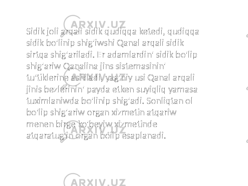 Sidik joli arqali sidik qudiqqa ketedi, qudiqqa sidik bo&#39;linip shig&#39;iwshi Qanal arqali sidik sirtqa shig&#39;ariladi. Er adamlardin&#39; sidik bo&#39;lip shig&#39;ariw Qanalina jins sistemasinin&#39; tu&#39;tiklerine ashiladi, yag&#39;niy usi Qanal arqali jinis bezlerinin&#39; payda etken suyiqliq yamasa tuximlaniwda bo&#39;linip shig&#39;adi. Sonliqtan ol bo&#39;lip shig&#39;ariw organ xizmetin atqariw menen birge ko&#39;beyiw xizmetinde atqaratug&#39;in organ boilp esaplanadi. 