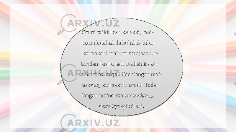 Shuni ta’kidlash kerakki, ma’- noni ifodalashda kelishik bilan ko‘makchi ma’lum darajada bir- biridan farqlanadi. Kelishik qo‘- shimchasi orqali ifodalangan ma’- no aniq , ko‘makchi orqali ifoda- langan ma’no esa umumiyroq , noaniqroq bo‘ladi. 2A16020F0507 0F110F050705 0411120E 140503050B0A 1A16050E 0F1107 0B06 10 090A0F1B0A 0E 10 06050B0614190F0519 0714111209 