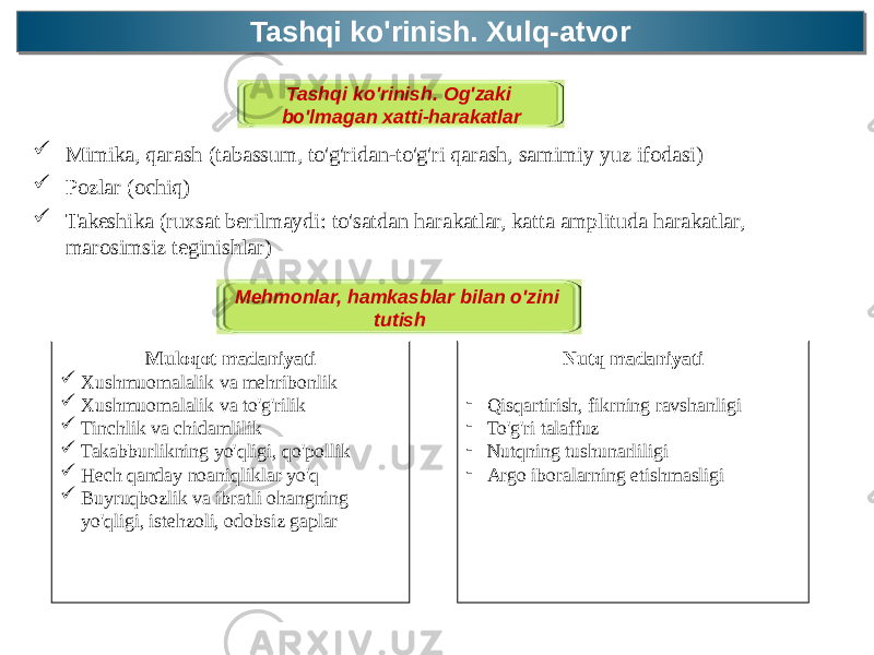 Tashqi ko&#39;rinish. Xulq-atvorTashqi ko&#39;rinish. Xulq-atvor Tashqi ko&#39;rinish. Og&#39;zaki bo&#39;lmagan xatti-harakatlar  Mimika, qarash (tabassum, to&#39;g&#39;ridan-to&#39;g&#39;ri qarash, samimiy yuz ifodasi)  Pozlar (ochiq)  Takeshika (ruxsat berilmaydi: to&#39;satdan harakatlar, katta amplituda harakatlar, marosimsiz teginishlar) Mehmonlar, hamkasblar bilan o&#39;zini tutish Muloqot madaniyati  Xushmuomalalik va mehribonlik  Xushmuomalalik va to&#39;g&#39;rilik  Tinchlik va chidamlilik  Takabburlikning yo&#39;qligi, qo&#39;pollik  Hech qanday noaniqliklar yo&#39;q  Buyruqbozlik va ibratli ohangning yo&#39;qligi, istehzoli, odobsiz gaplar Nutq madaniyati - Qisqartirish, fikrning ravshanligi - To&#39;g&#39;ri talaffuz - Nutqning tushunarliligi - Argo iboralarning etishmasligi 