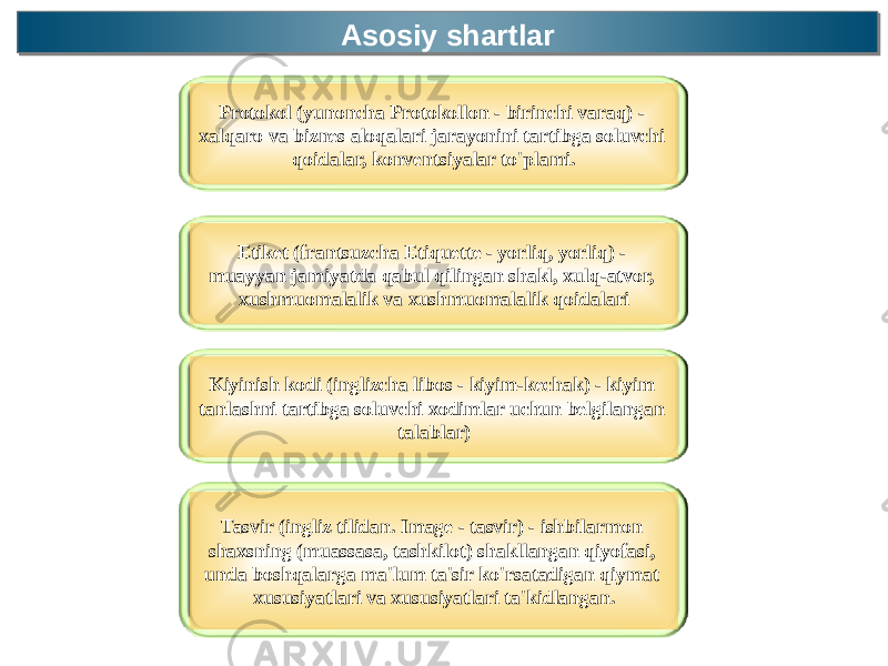 Asosiy shartlar Asosiy shartlar Protokol (yunoncha Protokollon - birinchi varaq) - xalqaro va biznes aloqalari jarayonini tartibga soluvchi qoidalar, konventsiyalar to&#39;plami. Etiket (frantsuzcha Etiquette - yorliq, yorliq) - muayyan jamiyatda qabul qilingan shakl, xulq-atvor, xushmuomalalik va xushmuomalalik qoidalari Kiyinish kodi (inglizcha libos - kiyim-kechak) - kiyim tanlashni tartibga soluvchi xodimlar uchun belgilangan talablar) Tasvir (ingliz tilidan. Image - tasvir) - ishbilarmon shaxsning (muassasa, tashkilot) shakllangan qiyofasi, unda boshqalarga ma&#39;lum ta&#39;sir ko&#39;rsatadigan qiymat xususiyatlari va xususiyatlari ta&#39;kidlangan. 