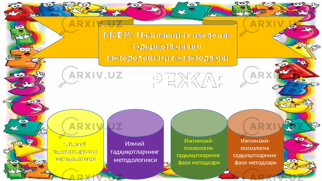 МАВЗУ: Ижтимоий-психологик тадқиқотларнинг методологияси ва методлари 1.Илмий тадқиқотларнинг методологияси Илмий тадқиқотларнинг методологияси Ижтимоий- психологик тадқиқотларнинг фаол методлари Ижтимоий- психологик тадқиқотларнинг фаол методлариРЕЖА: 